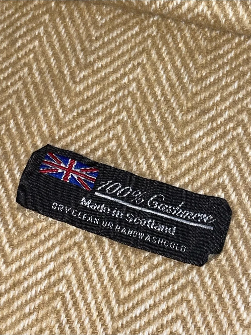 Vintage 100% Cashmere Herringbone Scarf Made in Scotland Tan Taupe Camel Fringe